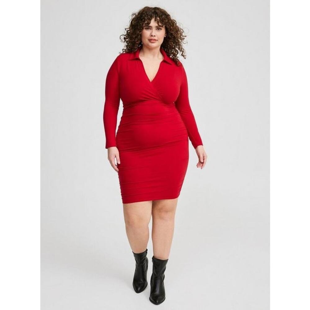 Torrid womens Mini Dress Jersey Long Sleeve Collar Surplice urban red plus size￼